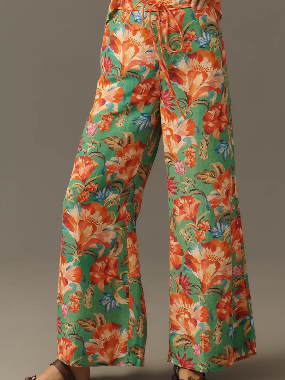 Farm Rio Wide-Leg Floral Print Pants in Green & Orange